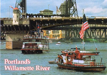 Featured is a postcard image of Portland, Oregon's downtown waterfront on the Willamette River.  Photo by Norman Becker. The original unused postcard is for sale in The unltd.com Store.